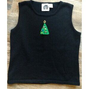 Women's Storybook Knits Black Christmas Knit Shell Top SWEATER Sleeveless Large